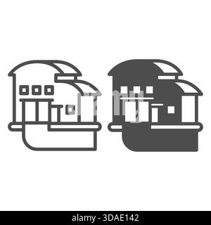 Building with warehouse line and solid icon, manufacturing logistic concept, hangar with gate and road sign on white background, outline style icon fo Stock Vector