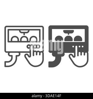 Pastry oven with buttons and hand index finger line and solid icon, manufacture concept, bakery factory sign on white background, outline style icon f Stock Vector