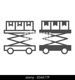Lifting trolley and boxes line and solid icon, manufacture technology concept, hydraulic scissors elevator sign on white background, outline style ico Stock Vector