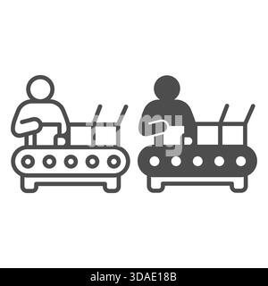 Man working at conveyor with boxes line and solid icon, manufacturing concept, factory worker packaging sign on white background, outline style icon f Stock Vector