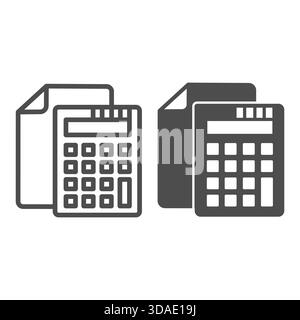 Calculator and sheet of paper line and solid icon, bookkeeping, cost calculation concept, data estimation sign on white background, outline style icon Stock Vector