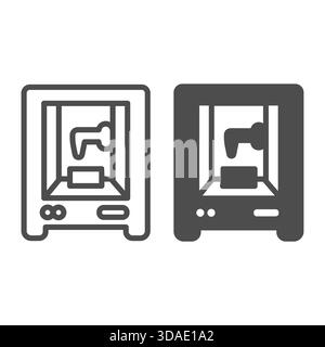 3D printer machine line and solid icon, smart manufacturing concept, device print volumetric plastic objects sign on white background, outline style i Stock Vector