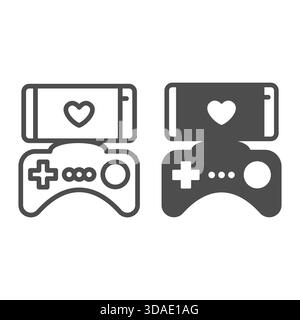 Game joystick and smartphone with heart line and solid icon, smart device concept, mobile phone and gamepad sign on white background, outline style ic Stock Vector
