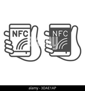 Smartphone with wireless nfc technology in hand line and solid icon, contactless pay concept, cashless buy sign on white background, outline style ico Stock Vector