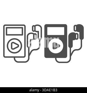 MP3 player with play button, wired headphones line and solid icon, portable electronics concept, music device sign on white background, outline style Stock Vector