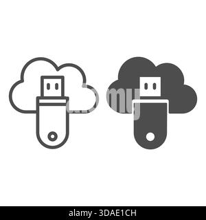 Cloud and flash drive line and solid icon, data saving concept, secret physical-digital key for access sign on white background, outline style icon fo Stock Vector