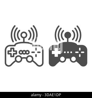 Wireless signal and joystick with antenna line and solid icon, smart game device concept, gamepad controller sign on white background, outline style i Stock Vector