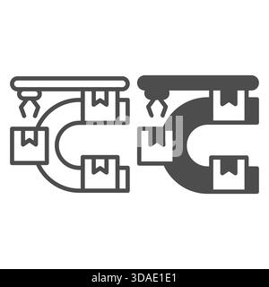 Sorting conveyor with boxes and robotic arm line and solid icon, manufacturing concept, robot claw work sign on white background, outline style icon f Stock Vector
