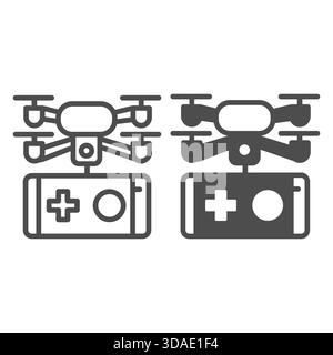 Smartphone with joystick and drone line and solid icon, smart device concept, quadcopter and phone gamepad sign on white background, outline style ico Stock Vector