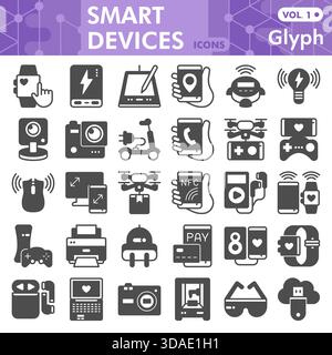 Smart device glyph icon set, portable electronics symbols collection or sketches. Digital gadgets, smartphone, tv glyph style signs for web and app. V Stock Vector
