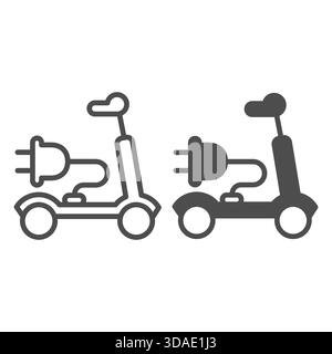 Electric scooter, plug and wire line and solid icon, recharging electric transportation concept, smart vehicle sign on white background, outline style Stock Vector