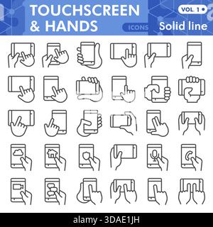 Hands hold smartphone solid line icon set, touchscreen and fingers symbols collection or sketches. Mobile phone linear style signs for web and app. Ve Stock Vector