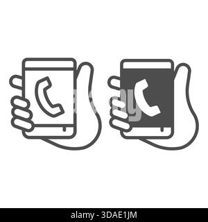 Smartphone in palm line and solid icon, portable electronics concept, hand hold mobile device, cell phone sign on white background, outline style icon Stock Vector