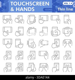 Touchscreen phone display in hands thin line icon set, smartphone symbols collection or sketches. Mobile cellphone linear style signs for web and app. Stock Vector