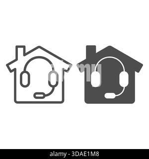 House with chimney and headset line and solid icon, work at home concept, remote consultation vector sign on white background, outline style icon for Stock Vector