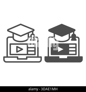Laptop and graduate cap line and solid icon, online e-learning class concept, video course vector sign on white background, outline style icon for mob Stock Vector