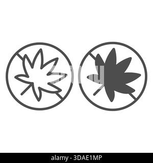 No sign with leaf of marijuana plant line and solid icon, prohibition concept, smoking marijuana is forbidden sign on white background, outline style Stock Vector