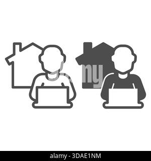 House with chimney and man with laptop line and solid icon, work from home concept, remote job vector sign on white background, outline style icon for Stock Vector