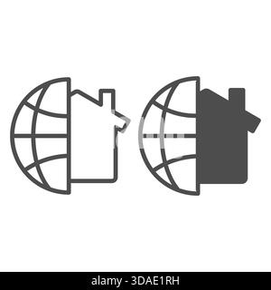 Half of Globe, house with chimney line and solid icon, work from home concept, remote job vector sign on white background, outline style icon for mobi Stock Vector
