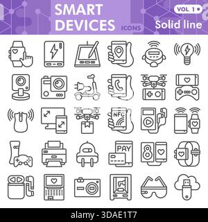Smart device solid line icon set, portable electronics symbols collection or sketches. Digital equipment linear style signs for web and app. Vector gr Stock Vector