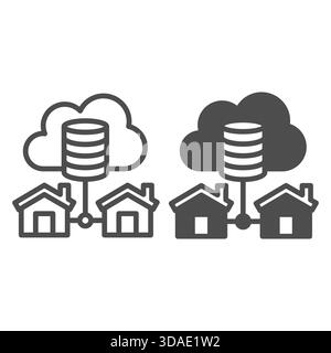 Database and network with houses line and solid icon, online data saving concept, cloud storage vector sign on white background, outline style icon fo Stock Vector