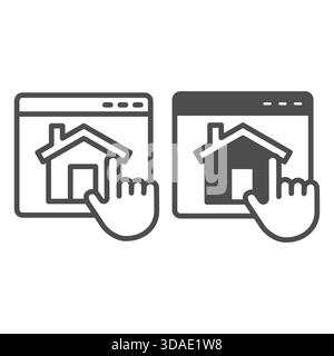 Hand index finger on website with house line and solid icon, work from home concept, remote job vector sign on white background, outline style icon fo Stock Vector