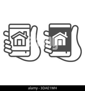 Smart Home app in phone line and solid icon, house auto system concept, hand hold smartphone vector sign on white background, outline style icon for m Stock Vector