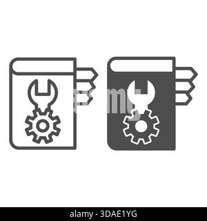 Book with wrench, mechanism gear line and solid icon, user manual concept, guide with bookmarks vector sign on white background, outline style icon fo Stock Vector