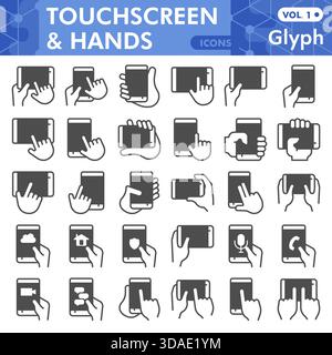 Smartphone in hands glyph icon set, touchscreen display symbols collection or sketches. Touch mobile phone with finger glyph style signs for web and a Stock Vector