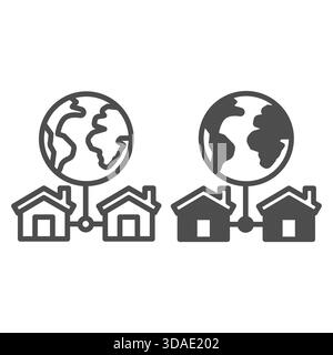 Earth planet and house network line and solid icon, work from home concept, global remote job vector sign on white background, outline style icon for Stock Vector