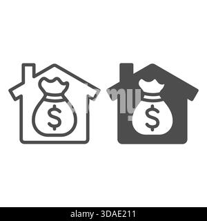 House with chimney, dollar money bag line and solid icon, work from home concept, remote income vector sign on white background, outline style icon fo Stock Vector