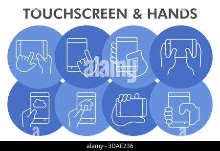 Touchscreen and hands infographic design template. Smartphone visualization with 8 steps bubble design on white background. Using mobile phone infogra Stock Vector