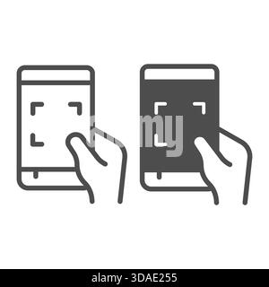 Mobile phone and qr-code scanning app on screen line and solid icon, touchscreen device concept, smartphone sign on white background, outline style ic Stock Vector