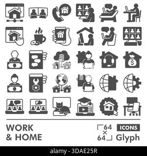 Working from home, freelance glyph icon set, remote online job symbols collection or sketches. Workspace, workplace glyph style signs for web and app. Stock Vector