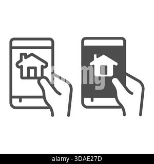 Touchscreen phone, smart home app line and solid icon, using smartphone application concept, device in hand sign on white background, outline style ic Stock Vector