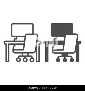 Desk with computer monitor and chair line and solid icon, home workspace concept, workplace vector sign on white background, outline style icon for mo Stock Vector