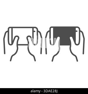 Holding phone horizontally in two hands line and solid icon, using touchscreen device concept, smartphone sign on white background, outline style icon Stock Vector