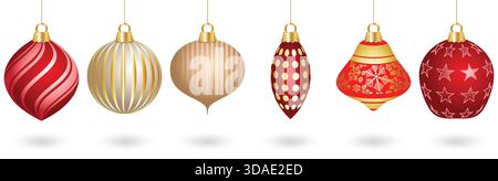 stock vector 3d festive christmas ornaments red gold vintage christmas balls in different shapes vector set illustration art Stock Vector