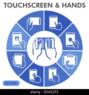 Mobile phone in hands infographic design template. Touchscreen visualization with 8 steps circle diagram design on white background. Smartphone infogr Stock Vector