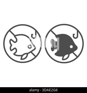 No sign with tropical fish and hook line and solid icon, prohibited activity concept, fishing is forbidden sign on white background, outline style ico Stock Vector