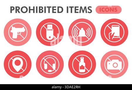 Forbidden items infographic design template. Prohibited actions visualization with 8 steps bubble design on white background. Taboo, banned objects in Stock Vector