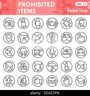 Forbidden acts solid line icon set, prohibited items symbols collection or sketches. Banned behavior linear style signs for web and app. Vector graphi Stock Vector