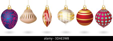 stock vector festive christmas 3d ornaments red golden vintage christmas balls in different shapes vector set illustration art Stock Vector