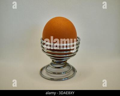 Single brown chicken egg in spiral metal wire egg cup on white background Stock Photo