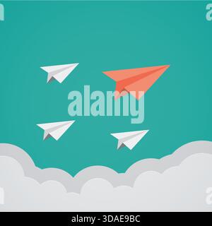 Vector airplane flying on sky background paper business concept of team leadership paper plane changing Stock Vector