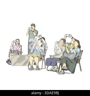 group of seven people taking photo with smartphone illustration vector sketch with black lines Stock Vector