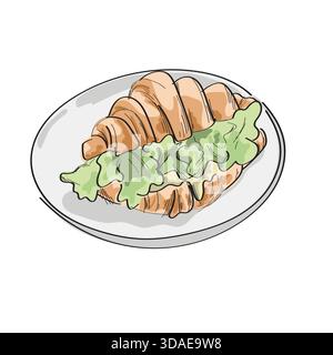 croissant sandwich with vegetable on dish illustration vector sketch with black lines Stock Vector