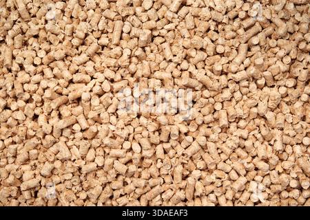 Wood pellets texture. Top view of many pressed pine pellets or softwood granules. Cat litter alternative to clay litter. Used as bio or fuel pellets f Stock Photo