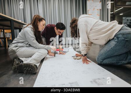 Students collaborate on large architectural blueprints during a hands-on planning session Stock Photo