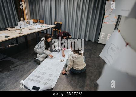 Three students collaborate at a design studio, reviewing blueprints and planning a project at the collaboration center Stock Photo